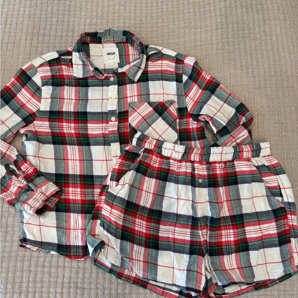 Aerie Plaid Button-Up Shirt and Shorts Pajama Set